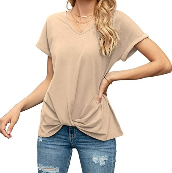 Iandroiy Women's Comfy Casual Summer Tops Short Sleeve V Neck Blouses T Shirts - Picture 5 of 6
